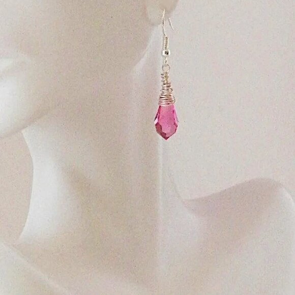 Pink Swarovski Crystal Teardrop Earrings: Sterling Silver Wire Wrapped Dangle - Picture 3 of 4